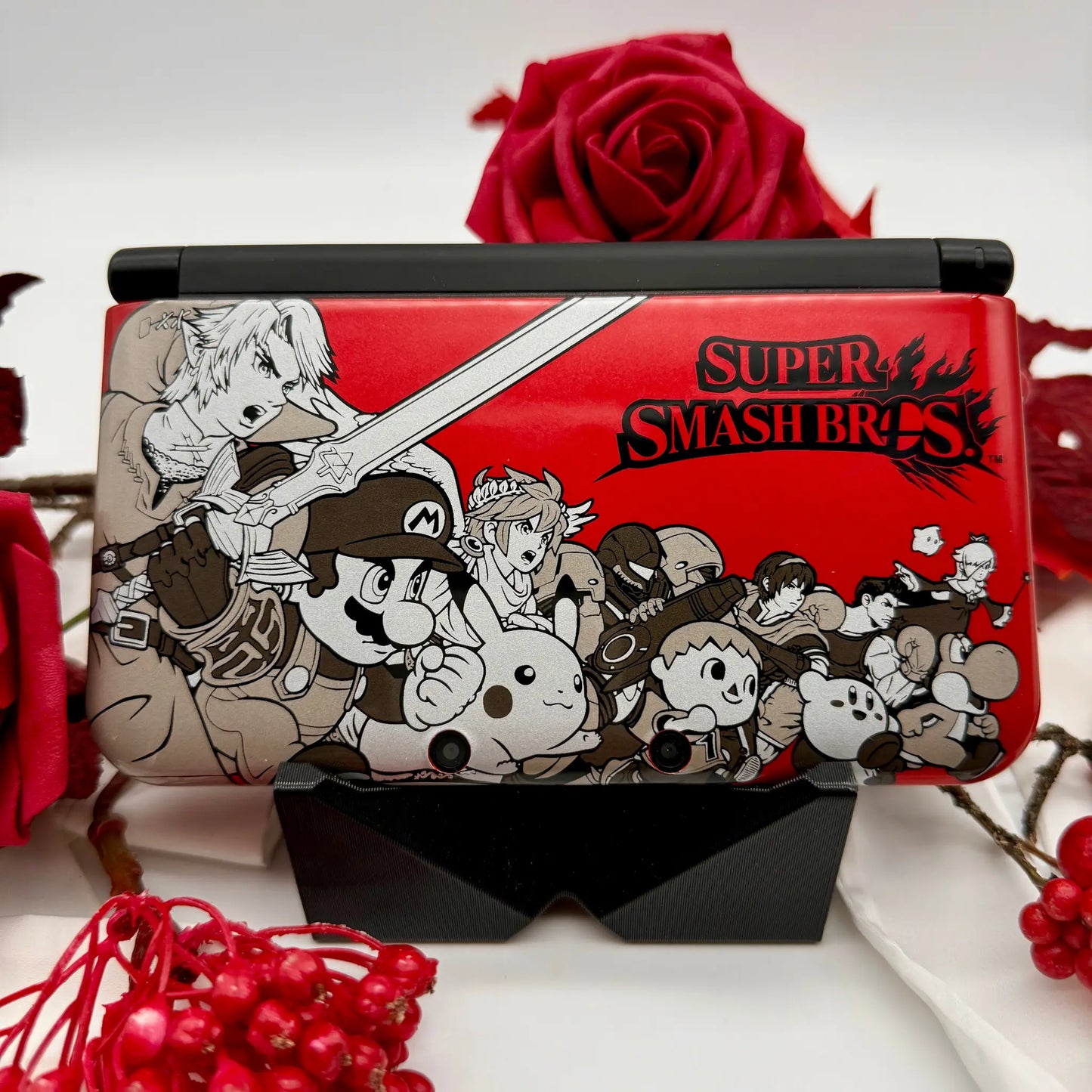 Nintendo 3DS XL black red Smash Bros modded